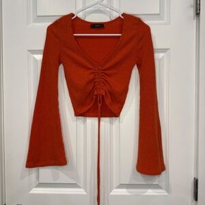 SHEIN Burnt Orange Ribbed V-Neck Drawstring Ruched Crop Top Bell Sleeve Size XS